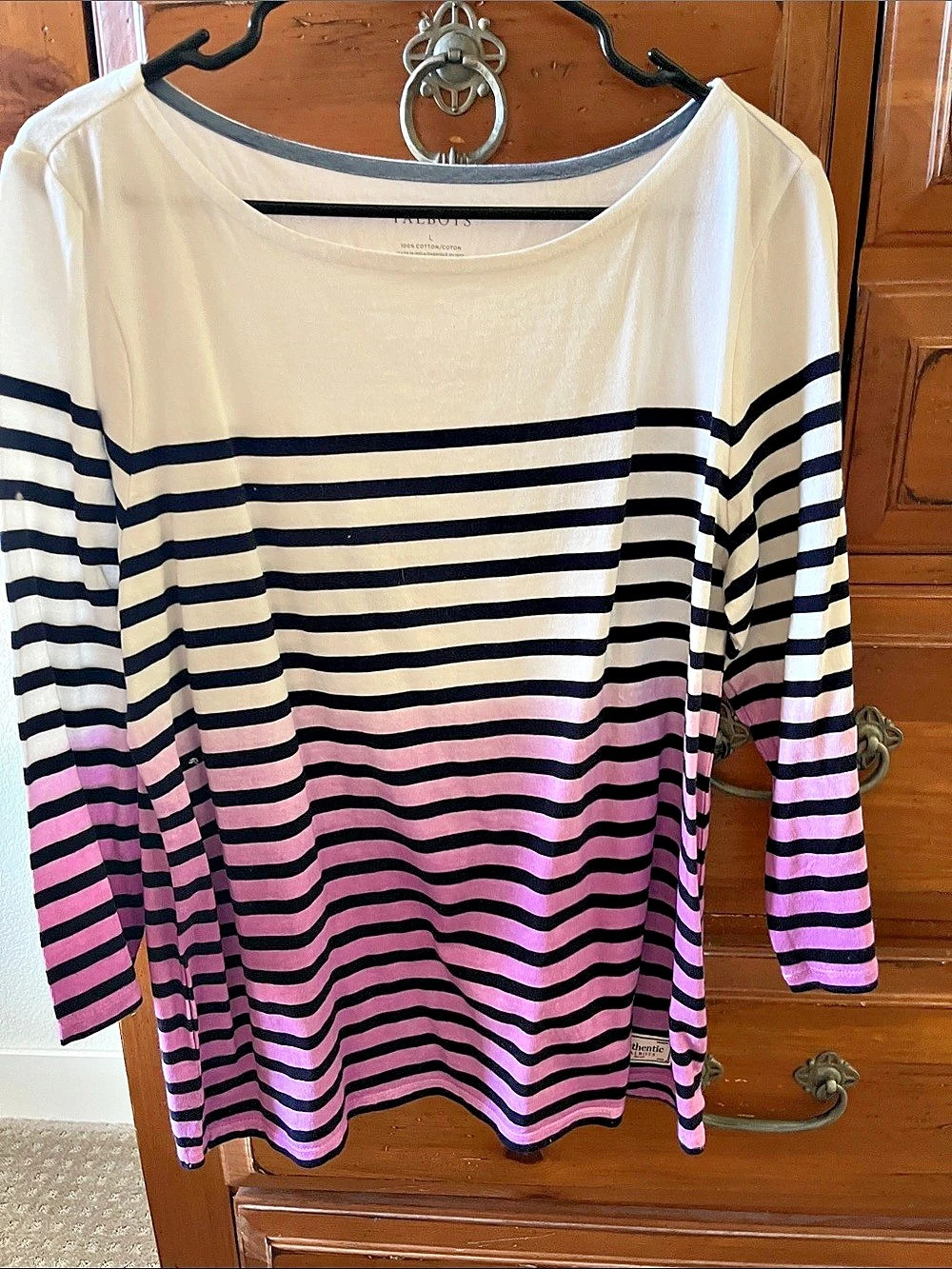 Talbots Striped Long Sleeve Top Pink & White Size Large NWOT